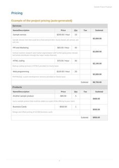 an invoice form with the words pricing on it