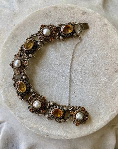 Beautiful Circa 1800s Art Nouveau Austro Hungarian Citrine Sterling Silver Pearl Vintage Antique Bracelet Art Nouveau Jewelery Victorian Jeweled Wedding Bracelets, Antique Orange Jewelry For Wedding, Hungarian Jewelry, 1800s Art, 1800s Jewelry, Plate Jewelry, Bracelet Art, Fashion Archive, Pearl Vintage