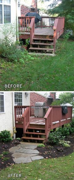 before and after pictures of a deck with steps leading up to the back door, in front of a house