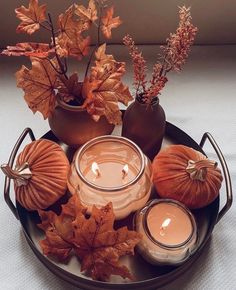 a plate with candles and pumpkins on it