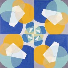 an abstract painting with blue, yellow and white shapes in the center on a gray background