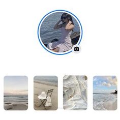 a woman sitting on top of a beach next to the ocean with pictures in front of her