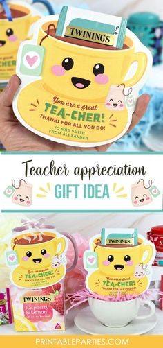 two tea cups with the words teacher appreciation on them, and an image of a coffee cup