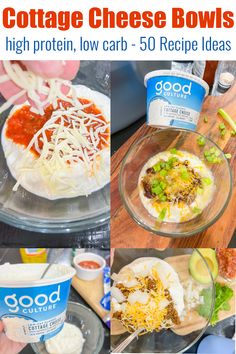 collage of photos showing how to make cottage cheese bowls with high protein low carb and 50 recipe ideas