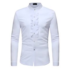 The Francois Ruffled Mandarin Collar Tuxedo Shirt - Multiple Colors WD Styles White S Shirt Pattern For Men, Ruffle Shirt Men, Slim Fit Mens Shirts, Collar Shirt Men, Africa Style, Stand Collar Shirt, Gothic Shirts, Tuxedo Shirt Dress