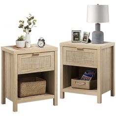 two wooden nightstands with baskets on each side