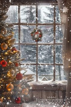 a christmas tree sitting in front of a window with snow falling on the windowsill