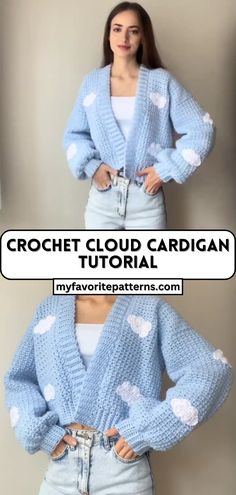 Crochet Cloud Cardigan Tutorial Crochet Cloud Cardigan Pattern Free, Crochet Cardigan Design Pattern, Cloud Cardigan Outfit, Crochet Cardigan Color Ideas, Crochet Clouds Pattern Free, Kawaii Crochet Cardigan, Crochet Chunky Cardigan Pattern Free, Cardigan Outfit Crochet, Chunky Crochet Cardigan Pattern Free