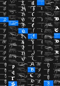 the different types of calligraphy are shown in blue and white letters on black paper