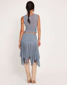 Blue Grey Mesh Low Rise Midi Skirt | Jovali – motelrocks-com-us Low Waist Midi Skirt, Midi Denim Skirt, Summer Wishlist, Summer Bodycon Dress, Midi Denim, Black Satin Dress, Bandeau Dress, Mesh Skirt, Mesh Overlay