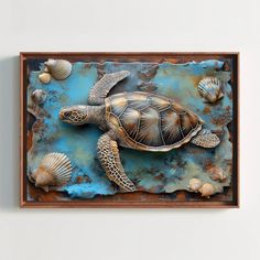 a painting of a sea turtle and seashells on a blue metal plate with wood frame