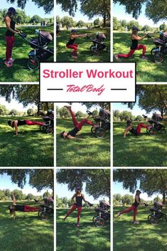 a collage of photos shows a woman doing exercises in the park with her stroller