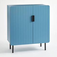 a blue cabinet with black handles on the top and bottom, against a white background