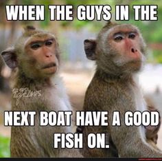 two monkeys sitting next to each other with caption that reads, when the guys in the next boat have a good fish on