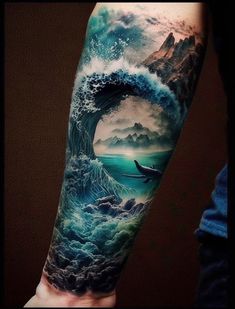 a man's arm with an ocean wave and boat in the water on it