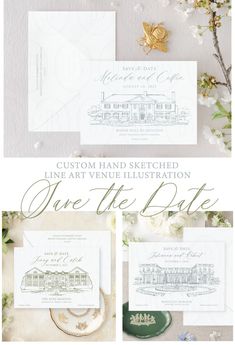 the wedding stationery is shown with white flowers and greenery