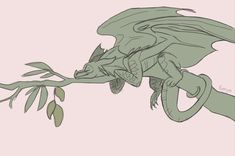 a drawing of a green dragon on a branch