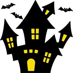 a black and yellow halloween house with bats flying around the house on it's roof