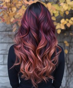 🦋 Chic Straight And Curly Hair red copper hair color ideas Ruby Fusion Hair Color, Ombre Dark Hair Color, Purple On Brown Hair, Copper And Purple Hair, Light Red Highlights, Ombre Copper Hair, Color Melt Hair, Autumn Hair Color, Curly Hair Red