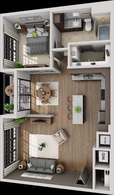 an overhead view of a two bedroom, one bath apartment with living room and kitchen