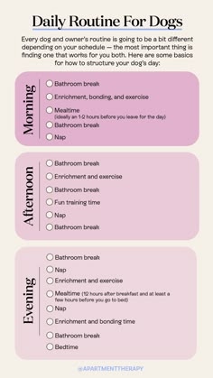 the daily routine for dogs is shown in pink and white, with instructions on how to use