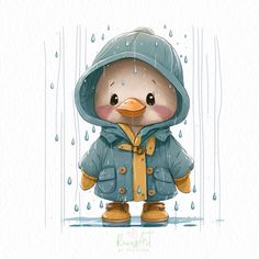 a cute little penguin wearing a raincoat and rubber boots standing in the rain with an umbrella over his head