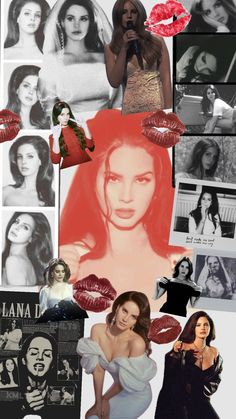 the collage shows many different women with red lipstick on their lips and in dresses