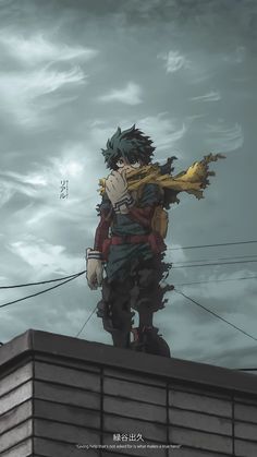 an anime character standing on top of a building with clouds in the sky behind him