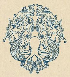 an octopus and other sea creatures are depicted in this blue ink drawing on white paper