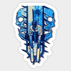 a sticker with an image of a skull and two people in the middle of it