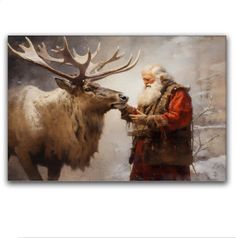 a painting of santa claus and an elk