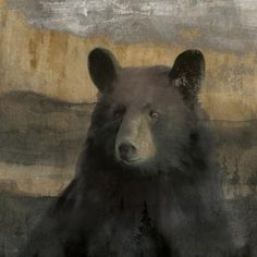 a painting of a black bear in front of a brown and beige background with trees