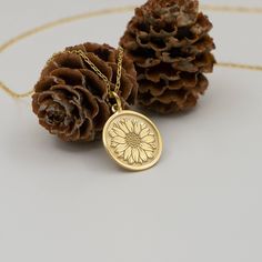 "* Material: High Quality 14K Solid Gold - Not Gold Vermeil Not Gold Plated - ( REAL SOLID GOLD )  * Metal Stamp: 14k * Dimensions: Varies between 12.5mm and 25mm depending on your selection * All our jewelry is custom made by hand with Love and Care in our workshop  * Real 14k Solid Gold SunFlower Necklace By Demir Uluer - Daisy Necklace - Delicate  Sunflower Jewelry - Dainty Sunshine Pendant Gift For Her H O W ∙ T O ∙ O R D E R * You can choose the size and gold color of your pendant using the first box / option * You can choose the length of your chain by selecting the second option / box. Just use the 'PERSONALIZATION BOX' to let us know the Note you want on the back of your Pendant O T H E R ∙ I N F O R M A T I O N * Material of chain: 14K Solid gold ( REAL GOLD ) It is thin and daint Elegant Round Sunflower Design Necklace, Sunflower Pendant Necklace, Sunflower Pendant Gold, Pendant Necklace Sunflower, Silver Sunflower Pendant Necklace, Second Option, Gold Jewellry, Sunflower Jewelry, Sunflower Pendant