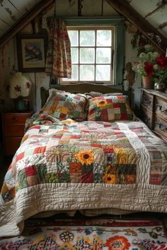 a bed in a room with a quilt on it