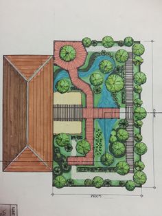 a drawing of a garden plan with trees and water in the center, surrounded by green plants