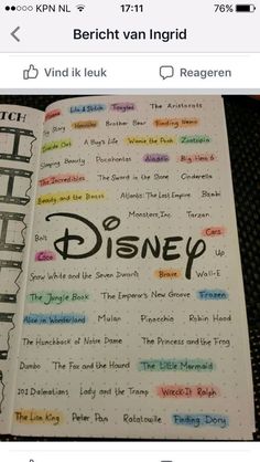 an open disney book with the words written in different colors and font on it's pages