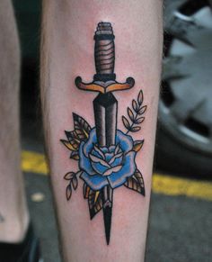 Rose And Dagger Tattoo, Men Flower Tattoo, Rose And Dagger, Geometric Sleeve Tattoo, Blue Rose Tattoos, Traditional Style Tattoo, Old School Tattoo Designs, Dagger Tattoo, Tattoo Stencil Outline