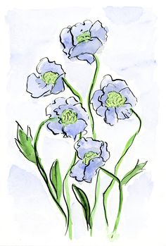 a drawing of blue flowers on a white background