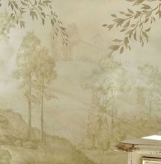 the wallpaper is painted with trees and hills