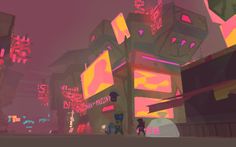 an animated city with neon lights and buildings