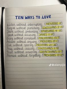 an open notebook with the words ten ways to love written on it