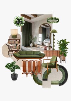 a collage of furniture and plants in a living room with green curtains on the windowsill