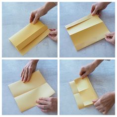 four pictures showing how to fold an envelope