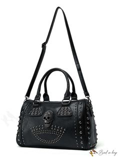 BirdinBag - Black Skull Handbag - Spacious PU Tote with Ample Capacity Edgy Black Bag With Adjustable Strap, Edgy Black Bag For Daily Use, Black Punk Bag With Adjustable Strap, Black Punk Bag For Daily Use, Black Punk Style Tote Shoulder Bag, Punk Style Daily Use Black Bag, Black Punk Tote Bag, Black Punk Style Tote Bag, Edgy Large Capacity Bags For Daily Use