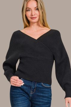 The viscose cross wrap pullover sweater is crafted from the best quality viscose material, ensuring a soft and comfortable wear. This sweater features a stylish cross wrap design on both the front and back, adding a unique and fashionable element to the piece. Perfect for layering or wearing on its own, this sweater offers a chic and versatile option for staying warm and stylish during the cooler months. Features: Basic style Stretch: Slightly stretchy Material composition: 50% viscose, 28% nylo Faux Wrap V-neck Top For Fall, Chic Faux Wrap Top For Fall, Fall V-neck Wrap Top For Layering, Fall Wrap Top With Surplice Neckline, Chic Long Sleeve Faux Wrap Top, Fall Wrap Top, Casual Long Sleeve Faux Wrap Top, Chic Faux Wrap Winter Tops, Versatile Faux Wrap Top For Fall