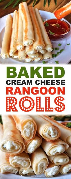 baked cream cheese rangoon rolls on a plate with dipping sauce