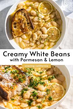 Two white bowls filled with beans, lemon slices, fresh thyme and grilled bread. Garlic White Beans, Creamy Lemon And Herb Beans, Refried White Beans Recipe, Creamy White Beans With Herb Oil, Braised Cannellini Beans, Garlic Parmesan White Beans, Greek White Beans, Stewed White Beans, Lemon Butter Beans