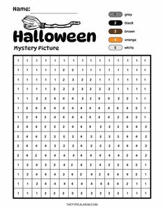 the halloween mystery picture worksheet for kids to practice numbers and color by numbers