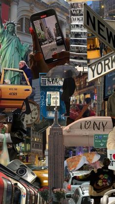 a collage of photos with the statue of liberty and new york city in the background