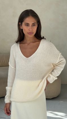 Hailey sweater is a classic off duty knit. This subtle v-neck sweater in a simple relaxed fit is the epitome of modern chic. Easy to style with a super lightweight feel taking you into Spring as the perfect layering staple. Composed of a soft fluffy wool blend - elevating simplicity. Details and Fit Soft Fluffy Wool Blend Hand Wash Setting One Size - Relaxed Fit. Fits UK Size 8-14 Lera is 5ft7 (170cm) UK Size 8 Colour: Ivory Made in Italy Uk Weather, Pre Party, A Perfect Circle, Polo Sweater, Modern Chic, Everyday Wardrobe, Off Duty, V Neck Sweater, Grey Sweater